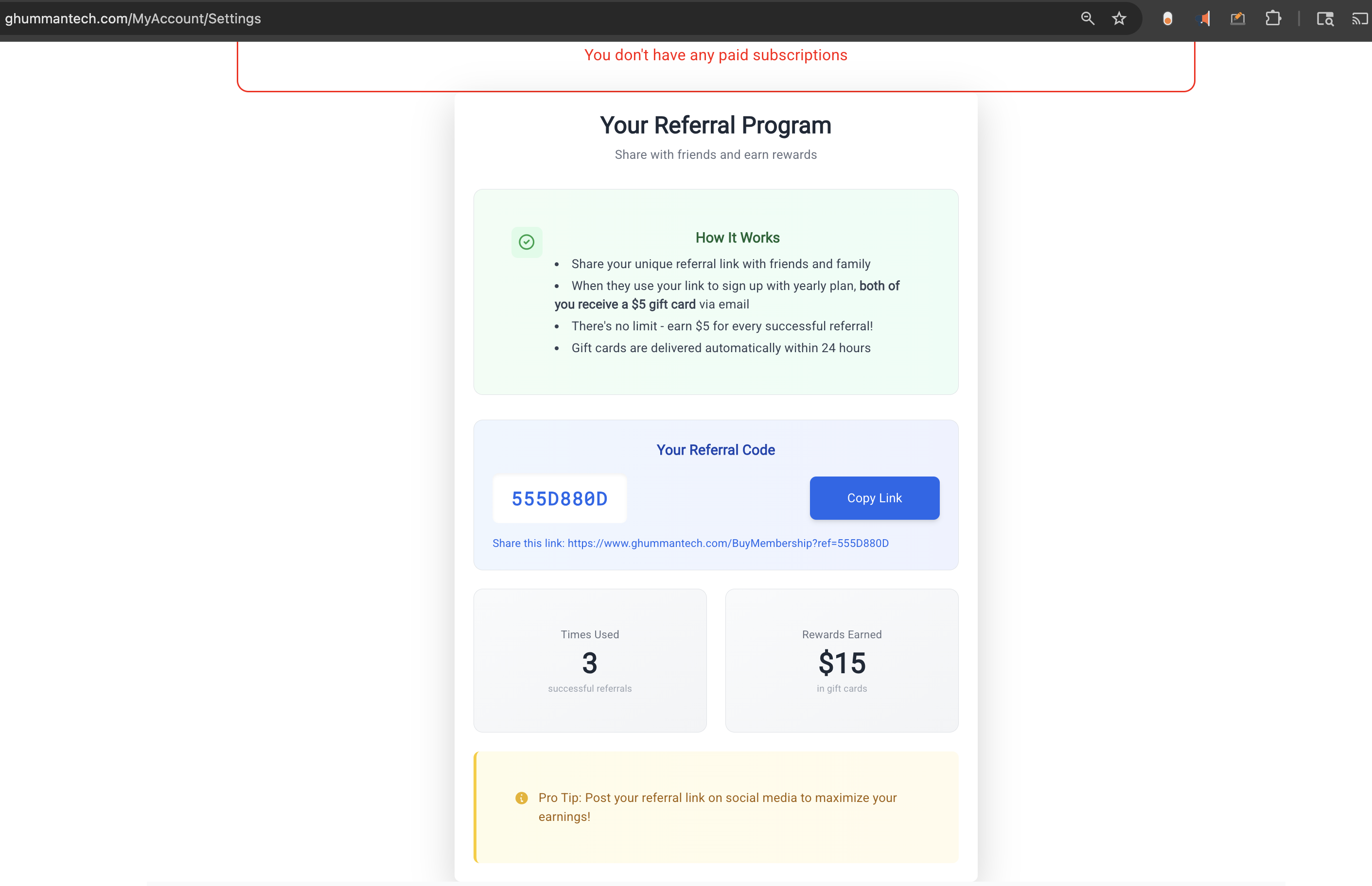 Generate and Share Referral Code