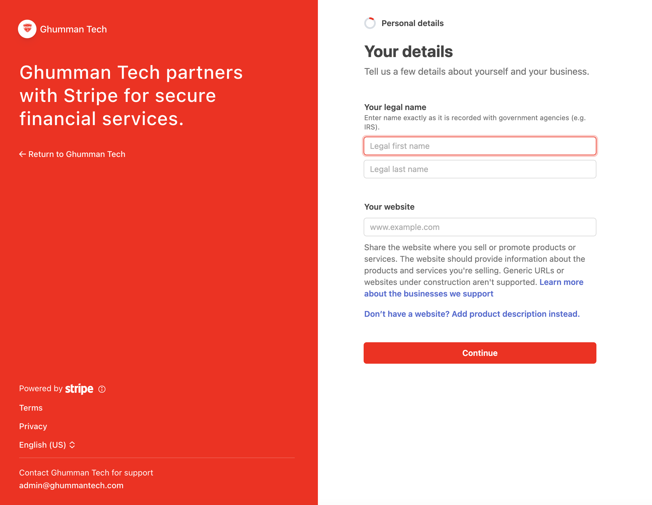 Stripe Onboarding Page
